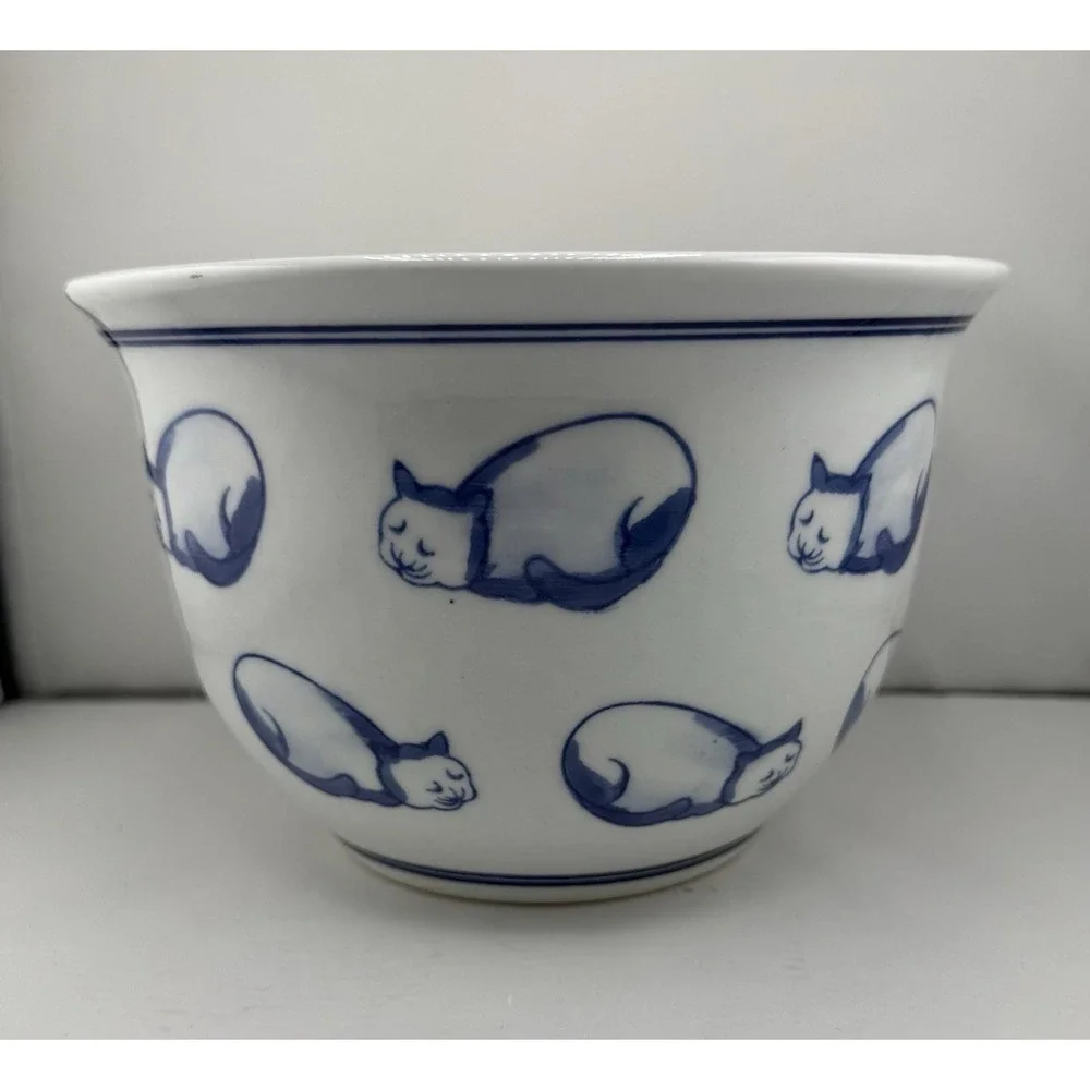 Vintage Japanese Porcelain Sleeping Cat Planter Blue White ~5
